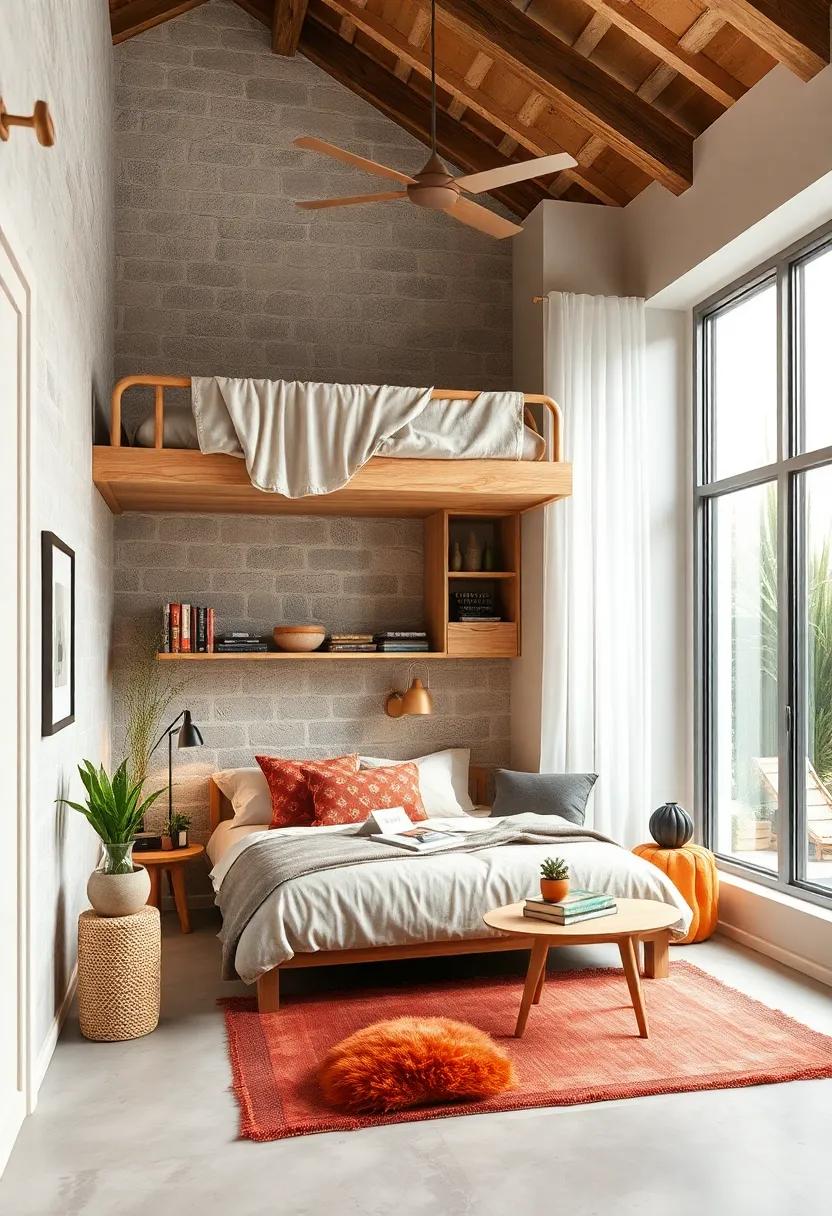 A Scandinavian-inspired loft bed with light wood tones and crisp white furniture, maximizing brightness and airy feel in a tight space