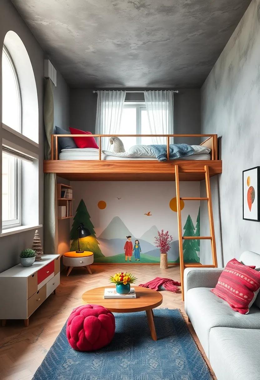 A vibrant, colorful loft bed featuring a painted mural ​underneath, ⁣turning the lower area into a playful hideaway perfect for storytime