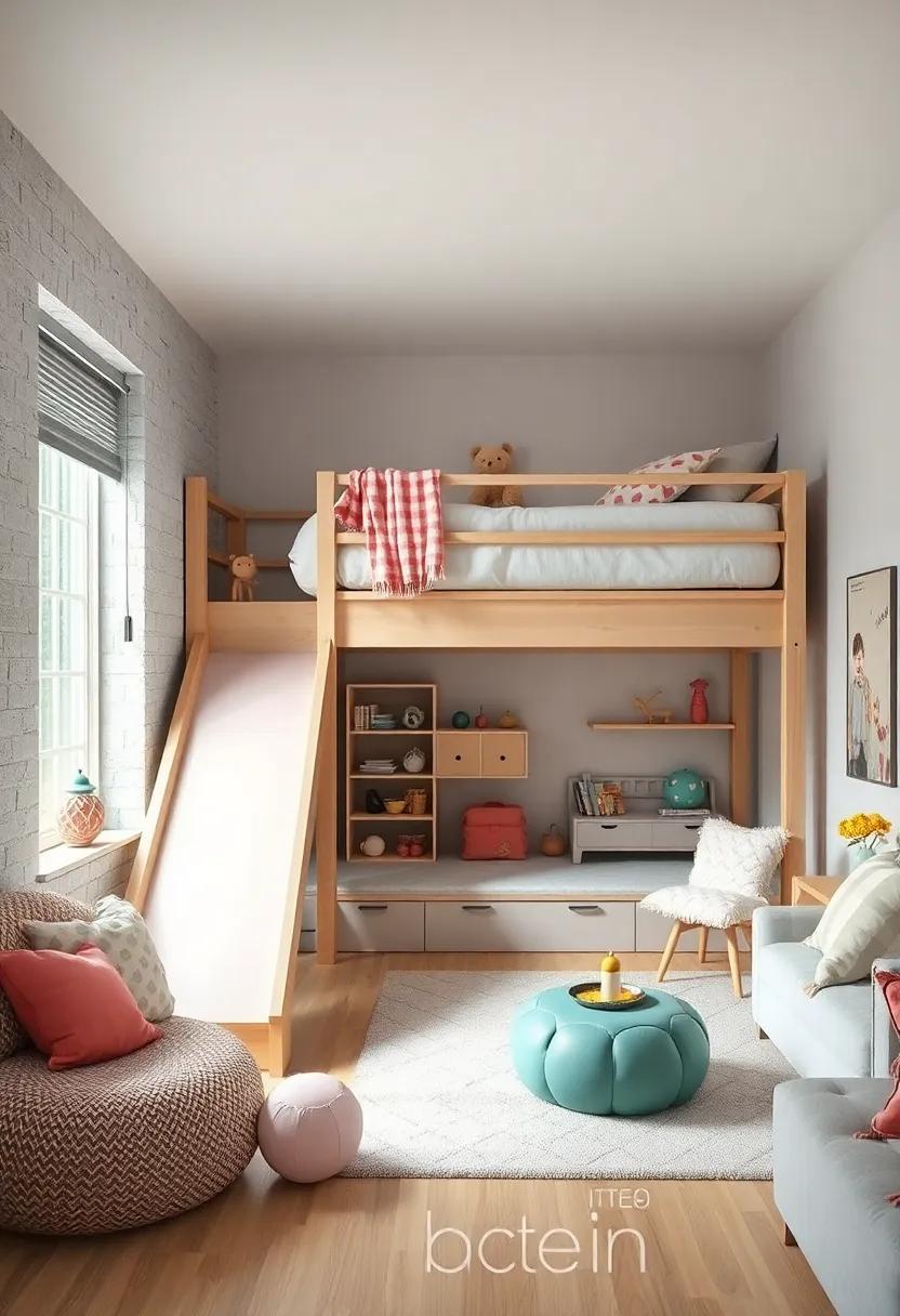 A modern ​loft ‌bed with a slide for added fun,⁤ while the bottom area is transformed into ⁣a creative playroom⁤ full of pastel accents