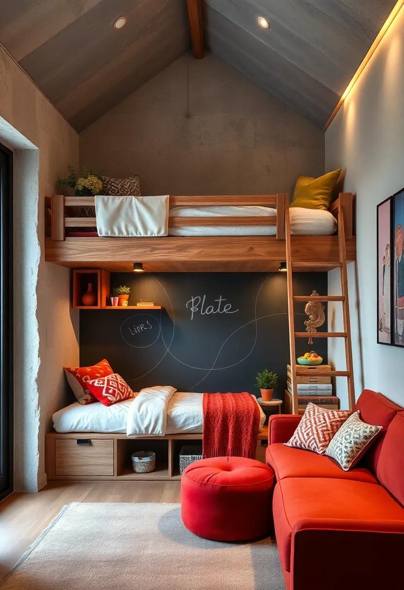 A loft bed featuring built-in cubbies and ‍a chalkboard wall underneath, encouraging creativity and keeping essentials within reach