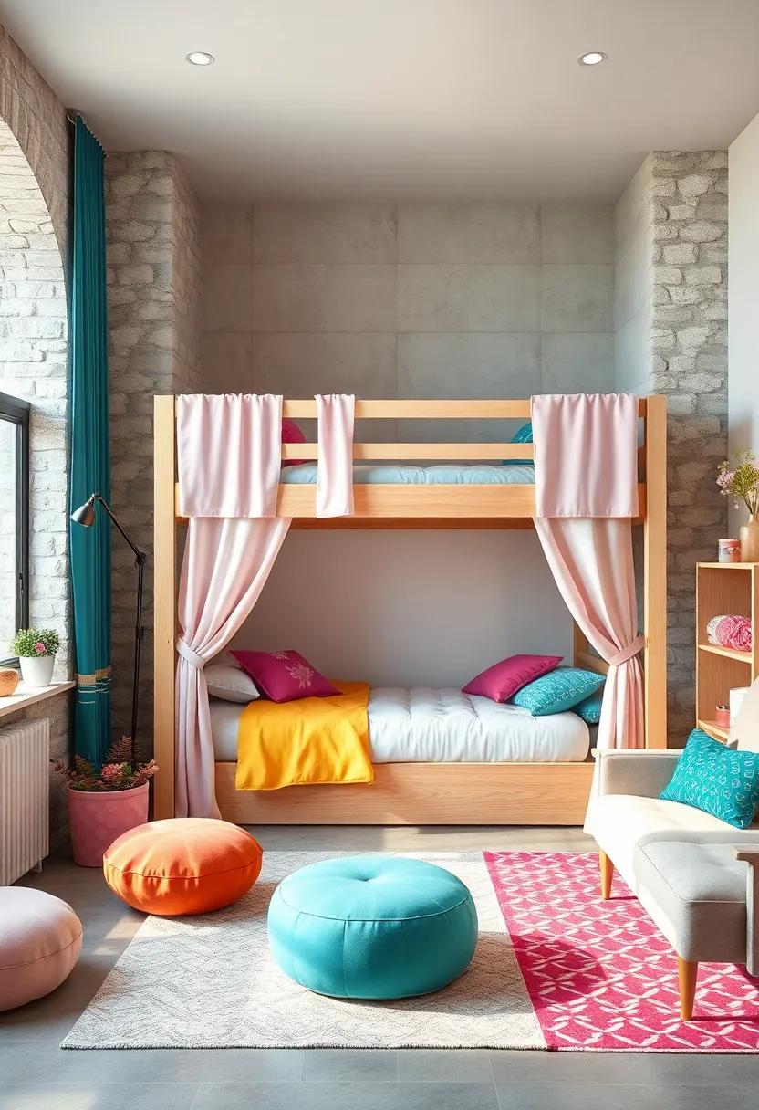 A pastel-hued loft bed‍ with curtains surrounding the lower area, allowing kids to‍ create their own private world within⁤ the‌ room