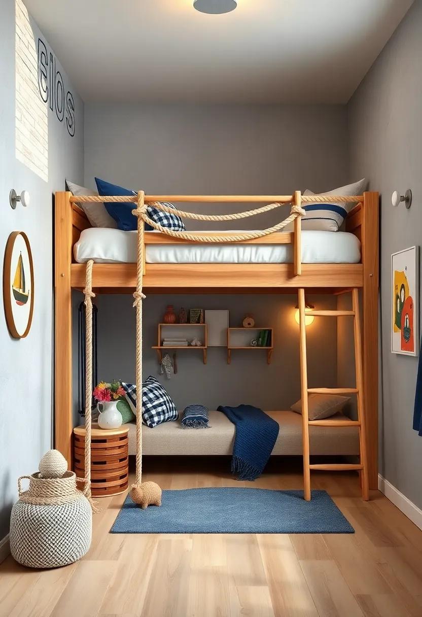 A nautical-themed ⁣loft bed⁢ outfitted with rope ladders and ⁢navy-blue accents,turning⁢ a⁤ small room into a charming sea adventure