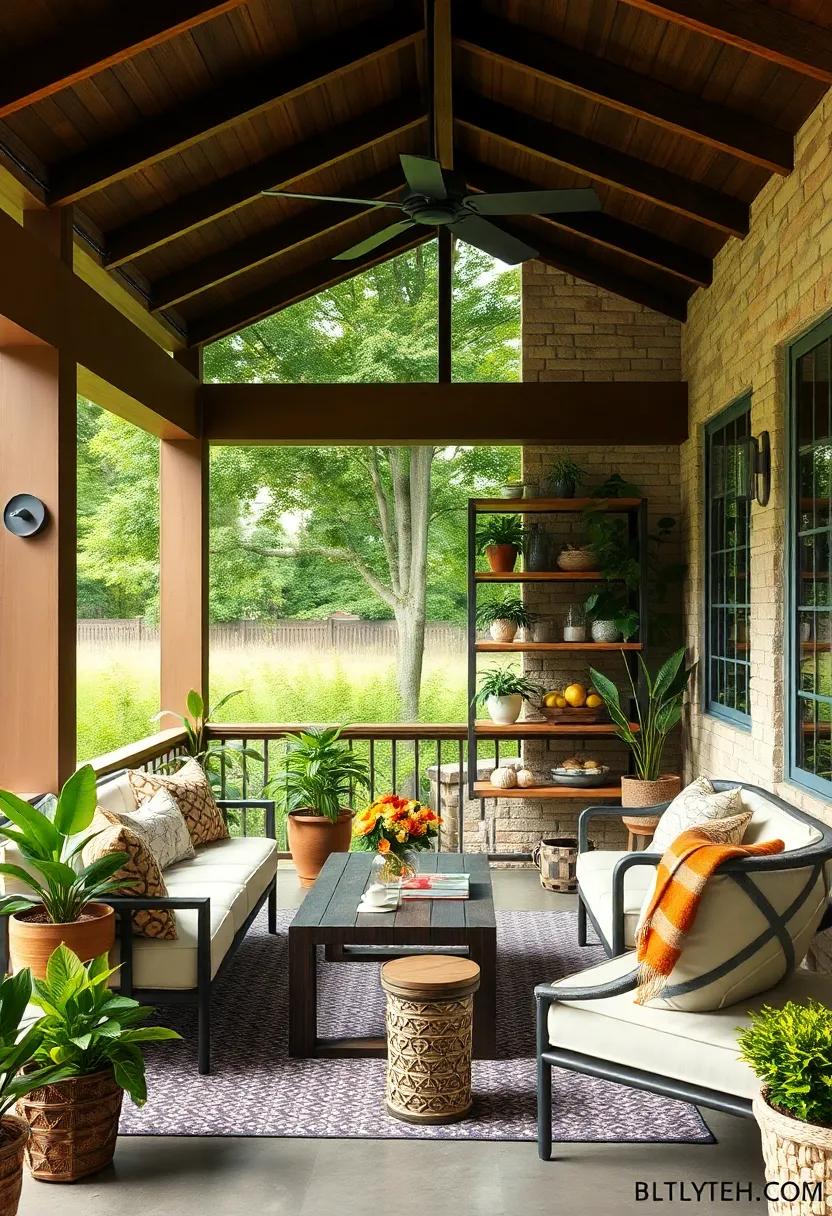 Multi-level shelving units doubling as plant stands and storage for books or decor