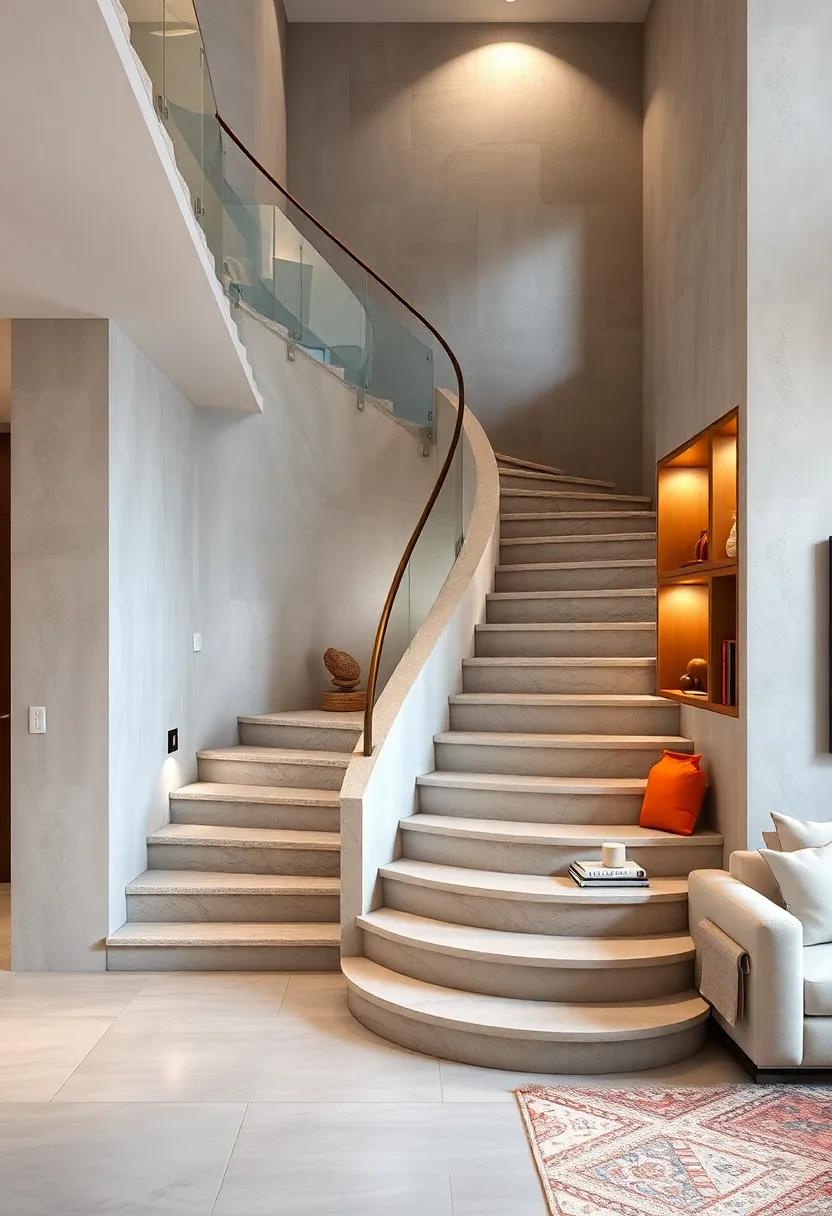 Curved Staircase Featuring Secret Bookshelf Doors