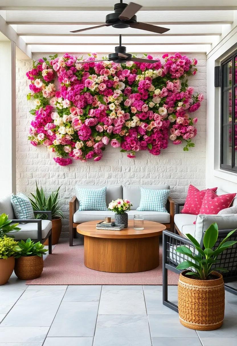 Create a vibrant focal point with a blooming flower wall that instantly brightens your patio space