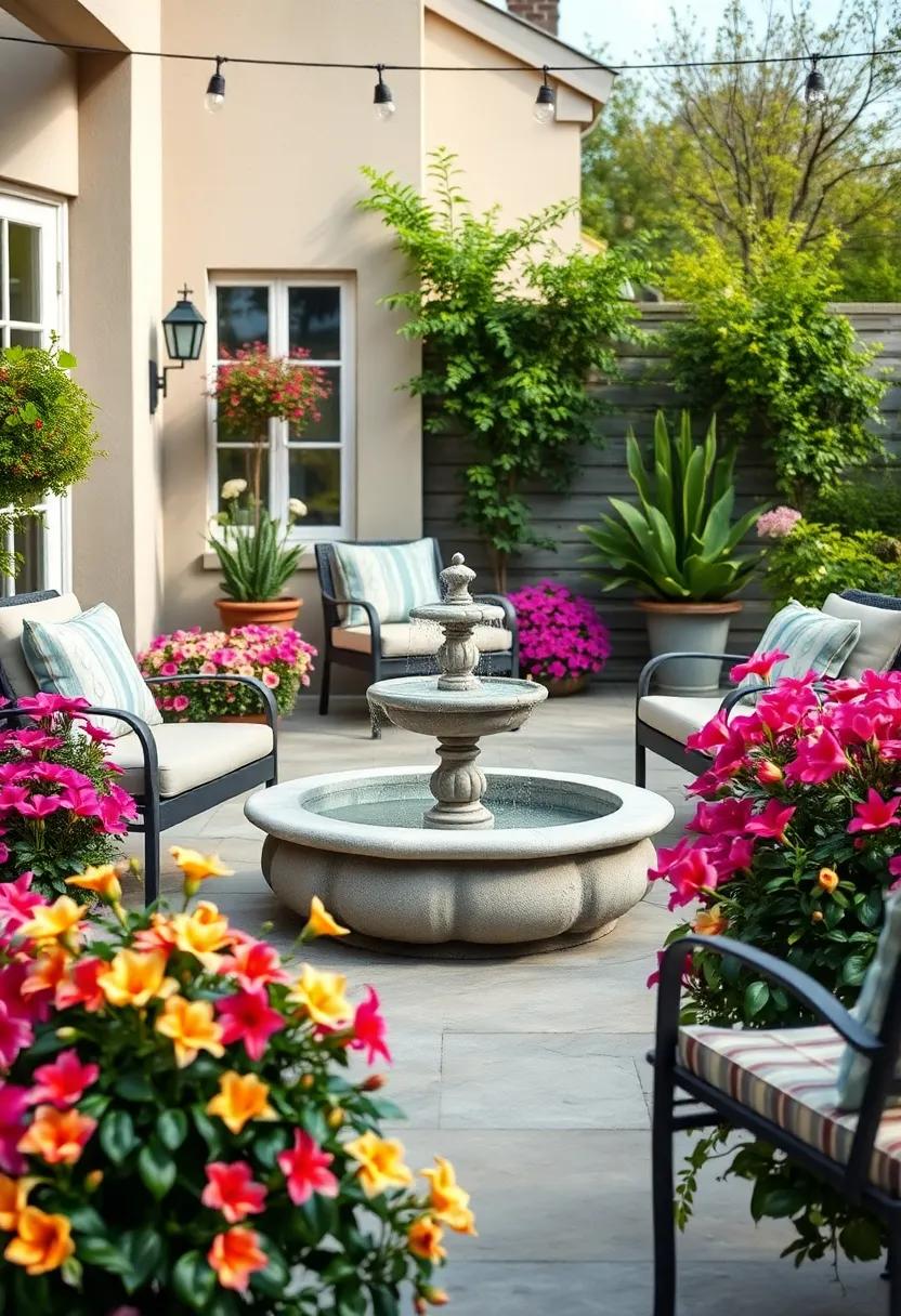 Position a small fountain surrounded by azaleas and lilies for a serene spring retreat
