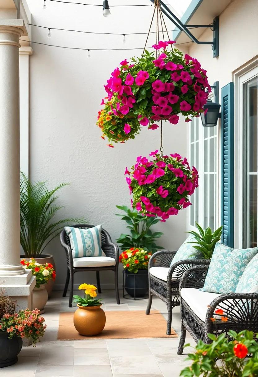 Incorporate hanging flower baskets filled with colorful petunias for a charming vertical garden effect
