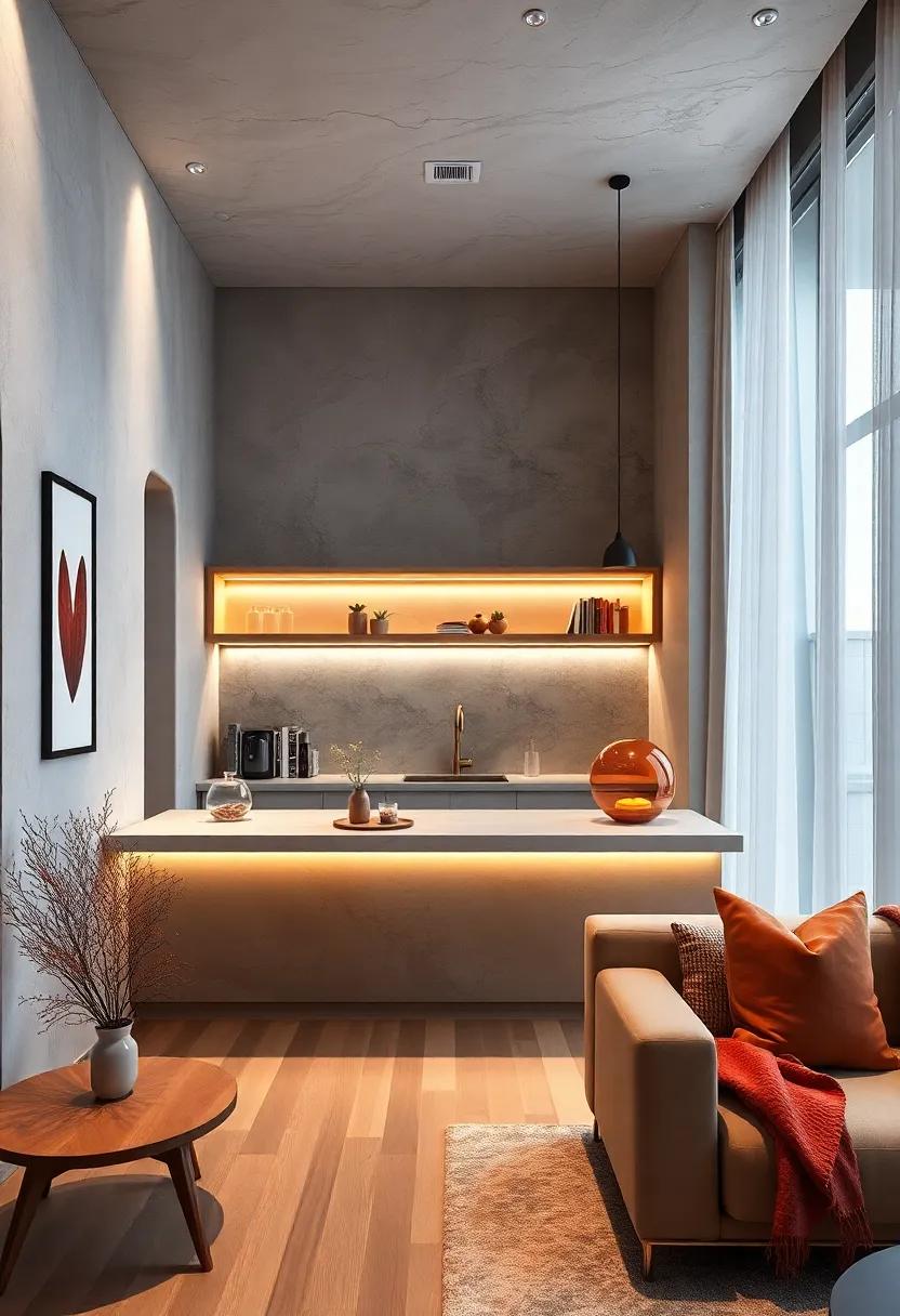 A sleek, minimalist studio featuring ⁤a floating breakfast bar with integrated lighting, perfect for ⁢cozy ‍morning ⁤meals