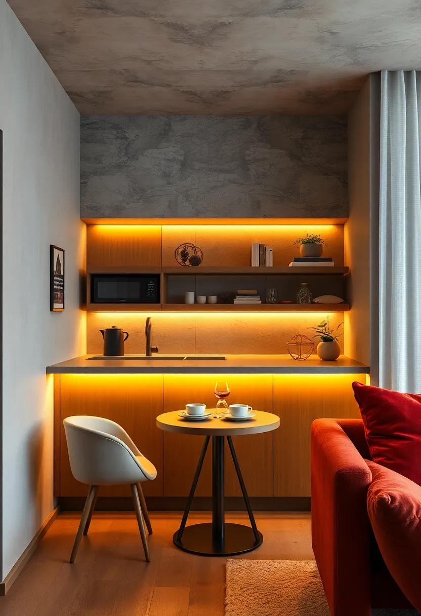 Warm ambient lighting under the breakfast​ bar counters promotes a relaxing atmosphere for evening meals