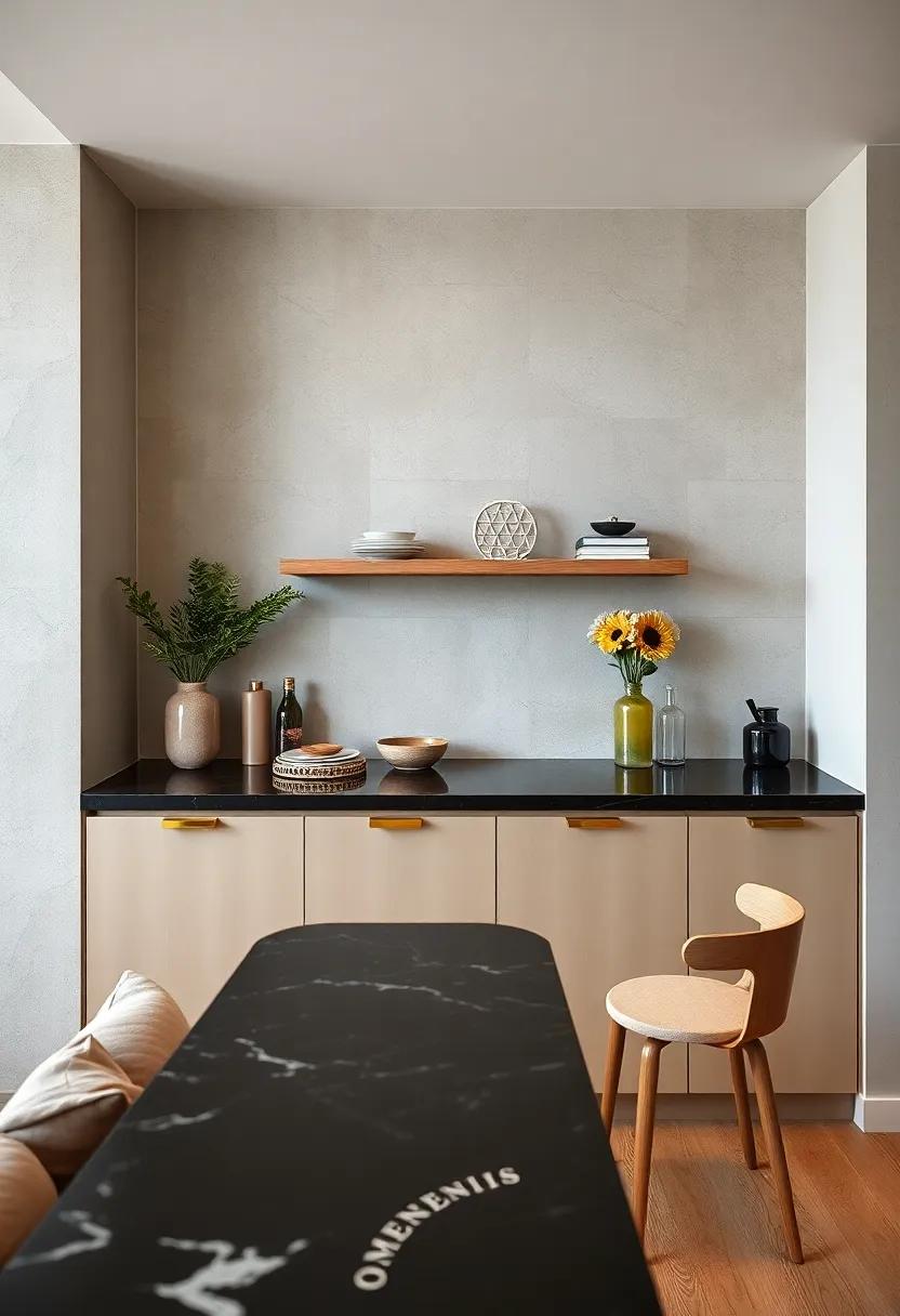 Elegant black granite paired ​with ⁤matte brass⁢ fixtures gives this built-in breakfast bar a‍ touch of luxury