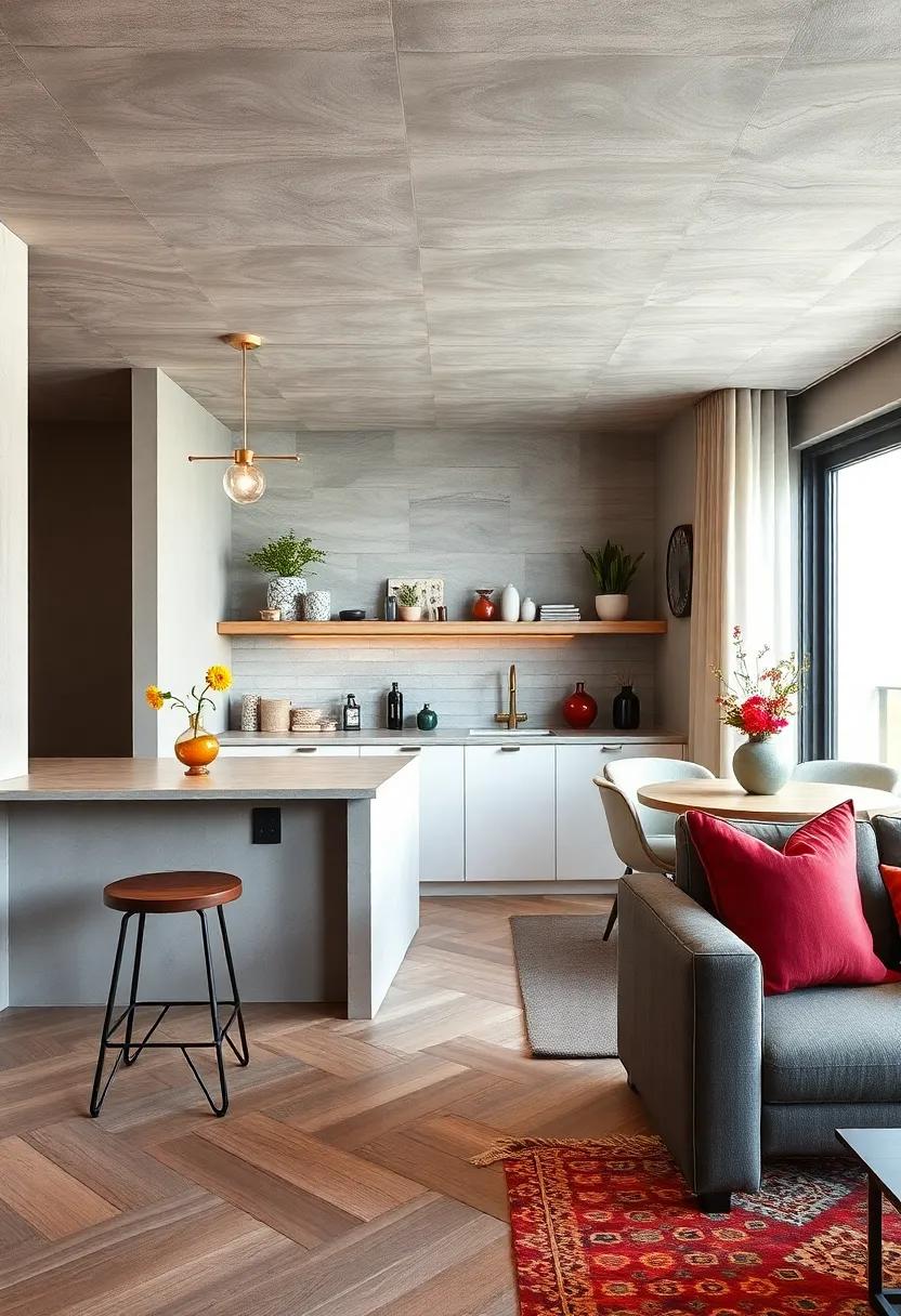 A rounded breakfast ⁢bar‍ adds soft curves to ‍a modern studio layout,⁤ making ‌the space feel inviting and dynamic