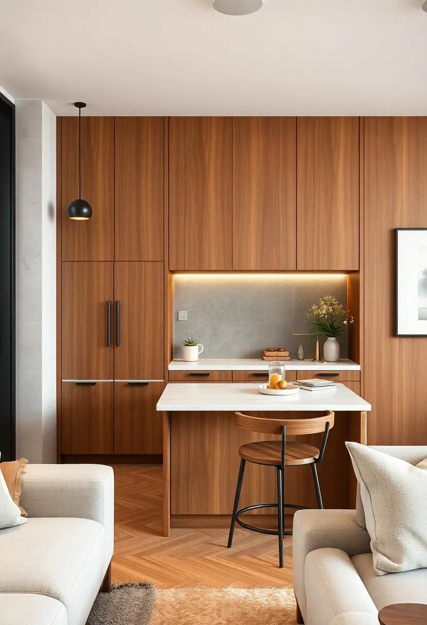 Warm wood tones paired ⁣with a marble countertop create a ​sophisticated built-in breakfast bar that doubles as a workspace