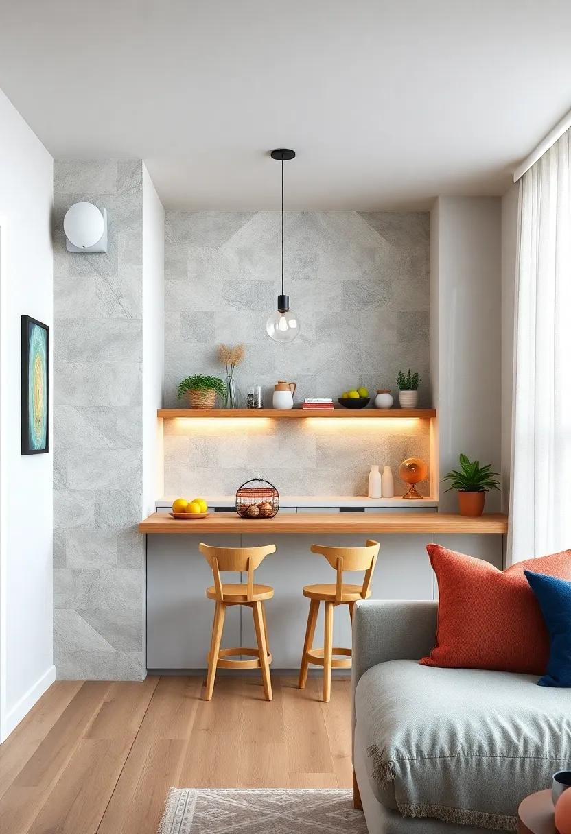 Scandinavian-inspired design showcases a clean-lined breakfast bar with natural wood accents and ‌pendant lighting
