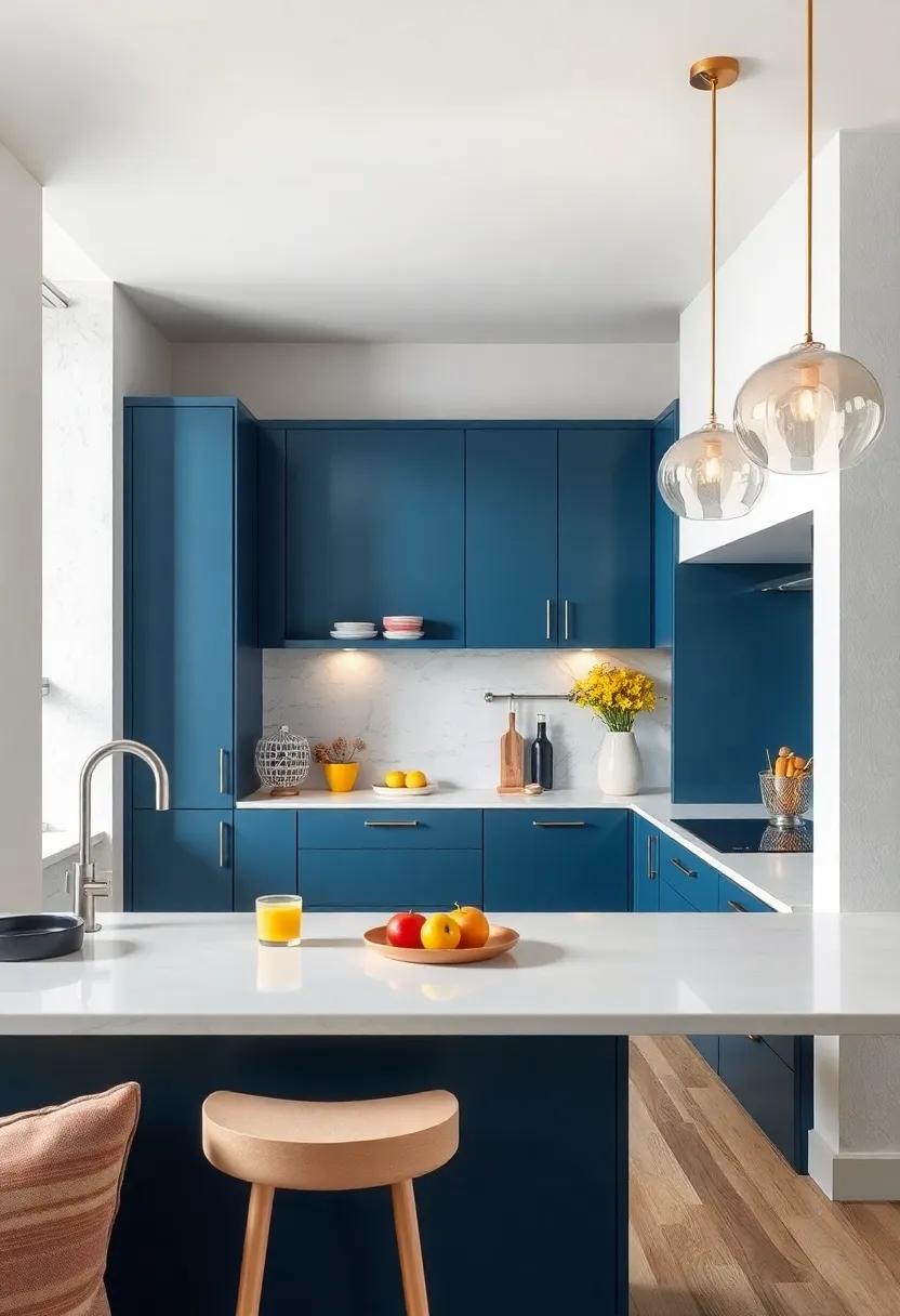 Bright and​ airy, a white ⁢quartz breakfast ​bar contrasts⁢ beautifully against deep⁤ blue kitchen⁣ cabinetry