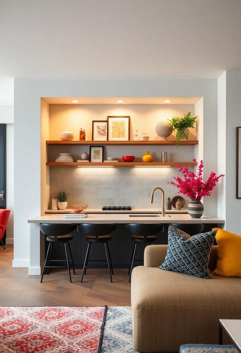 Open⁤ shelving above the breakfast ⁤bar invites personalized decor, bringing vibrant energy to the kitchen nook