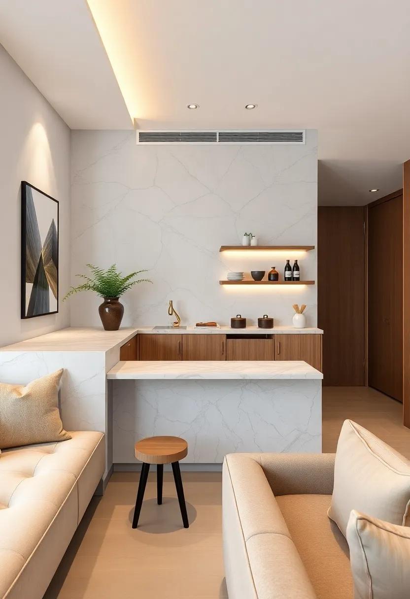 Marble ‍and brass breakfast bars⁤ seamlessly blend classic elegance with modern studio ⁤living