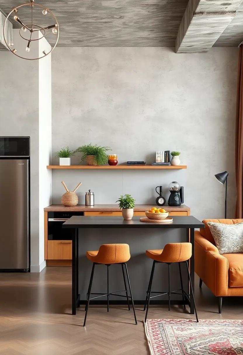 Industrial chic meets homey comfort in‌ a studio ⁢with a metal-framed breakfast bar and vintage ⁢stools