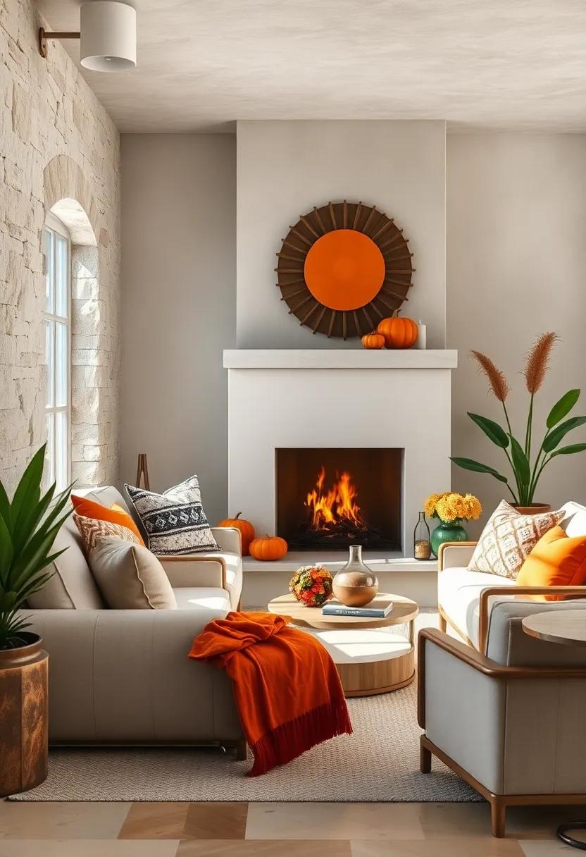 Create a ‌cozy fireside vignette using cushions, blankets, ⁢and decor in‍ shades of marigold and copper