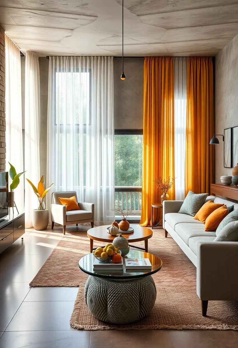 Replace sheer white curtains with golden ⁢mustard drapes to‍ filter in‍ warm, ‍autumnal light