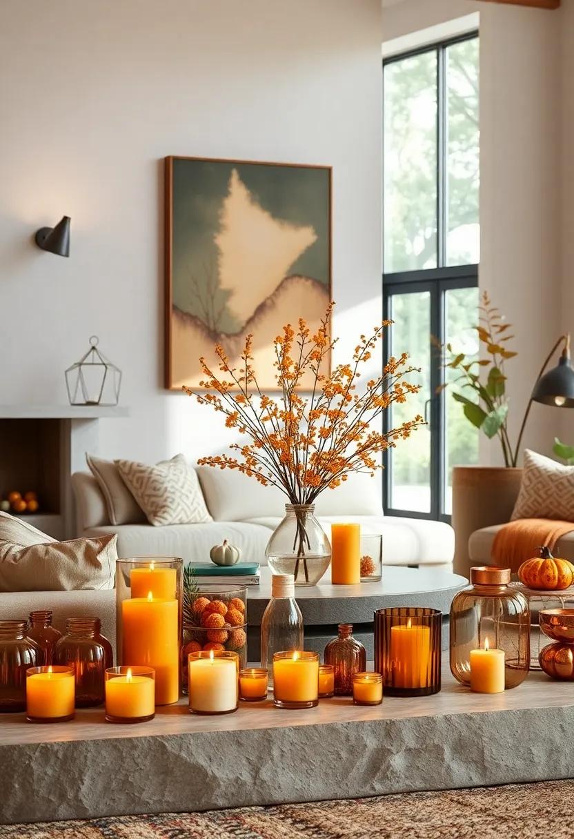 Display a collection of amber and copper-toned‍ candles to⁣ set a soothing seasonal ambiance