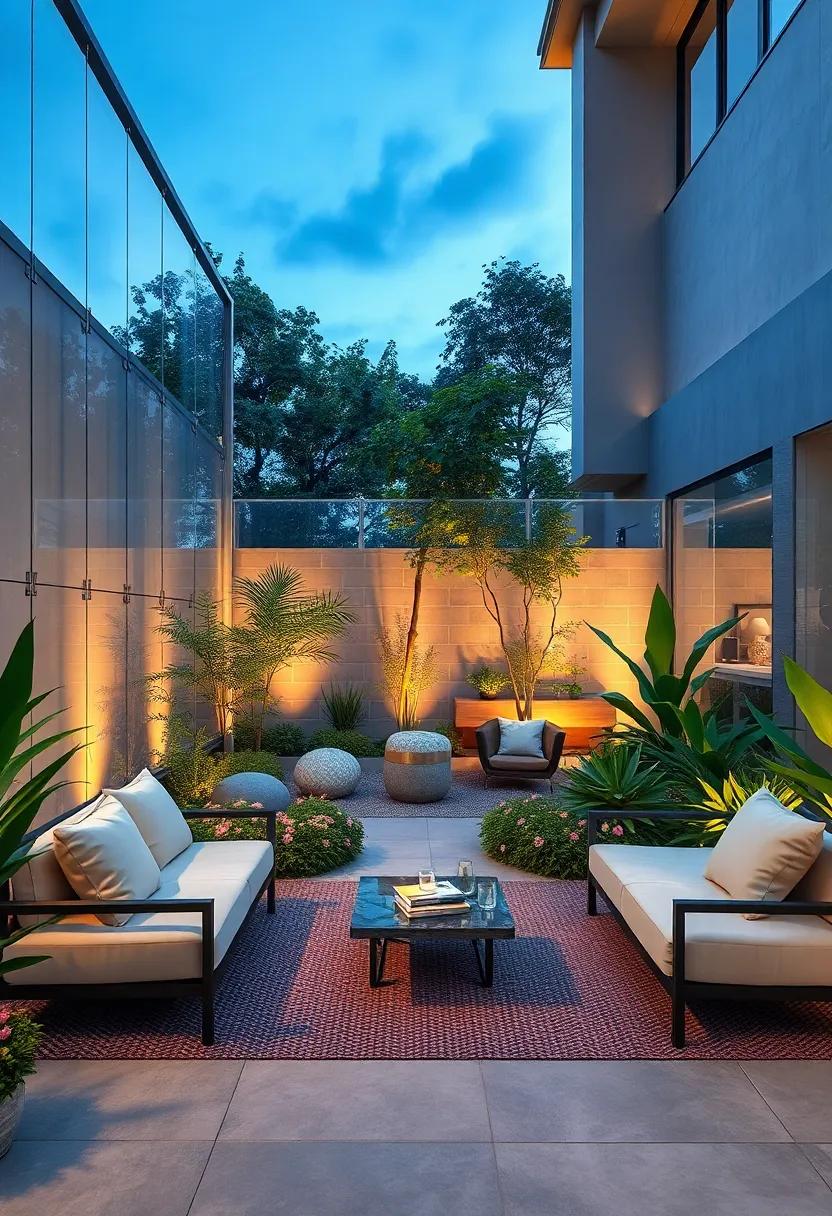 evening Glow Illuminating Sleek Transparent Barriers Surrounding A Contemporary⁢ Zen garden