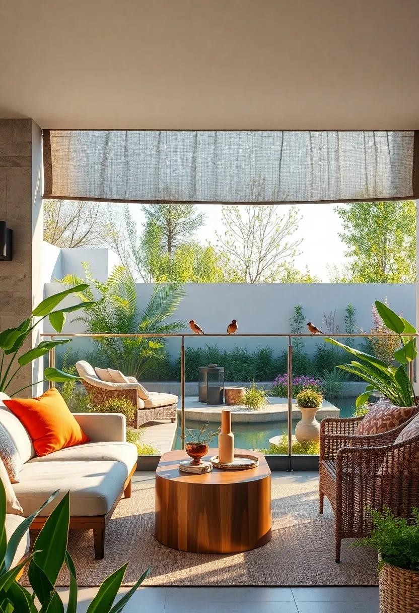 Birds Perched On Narrow Transparent Railings Overlooking A ⁢Peaceful Water Garden⁣ Scene