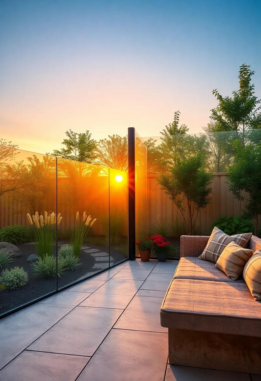 Sunset Colors Filtering Softly ⁣Through Transparent Garden Fences ⁣Near A Stone Bench