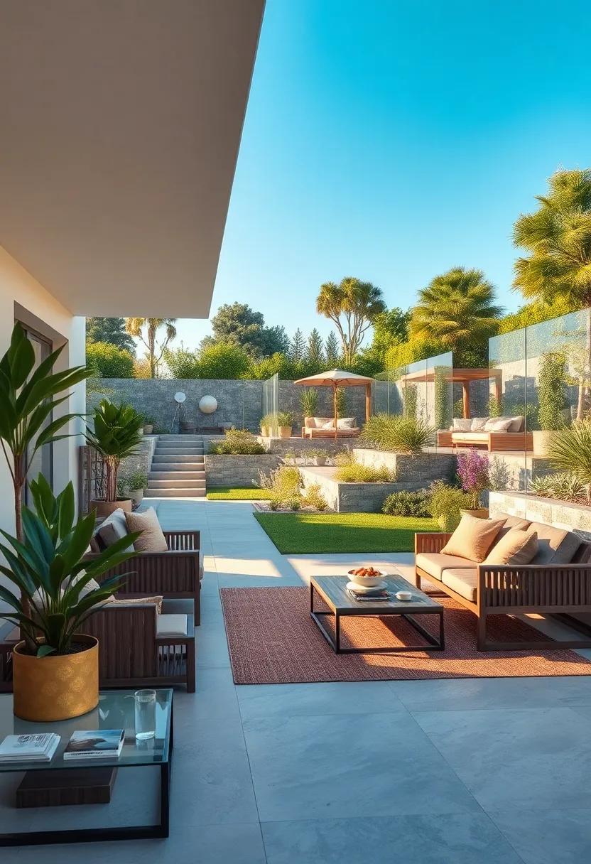 A Wide ‍View Of Rolling Garden Terraces Separated By Frameless Clear Barriers At Noon