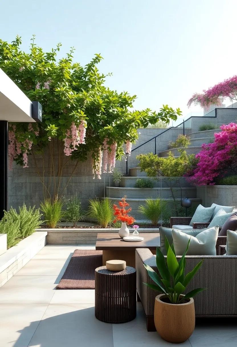 Clear Fencing Panels Supporting Cascading Bougainvillaea Along Steep Garden Terraces