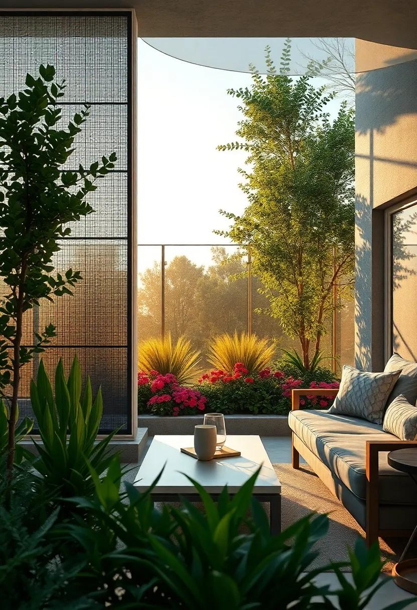 Delicate Metal Mesh Panels ⁢Casting Subtle Shadows​ Over Vibrant Flower Beds at Sunrise