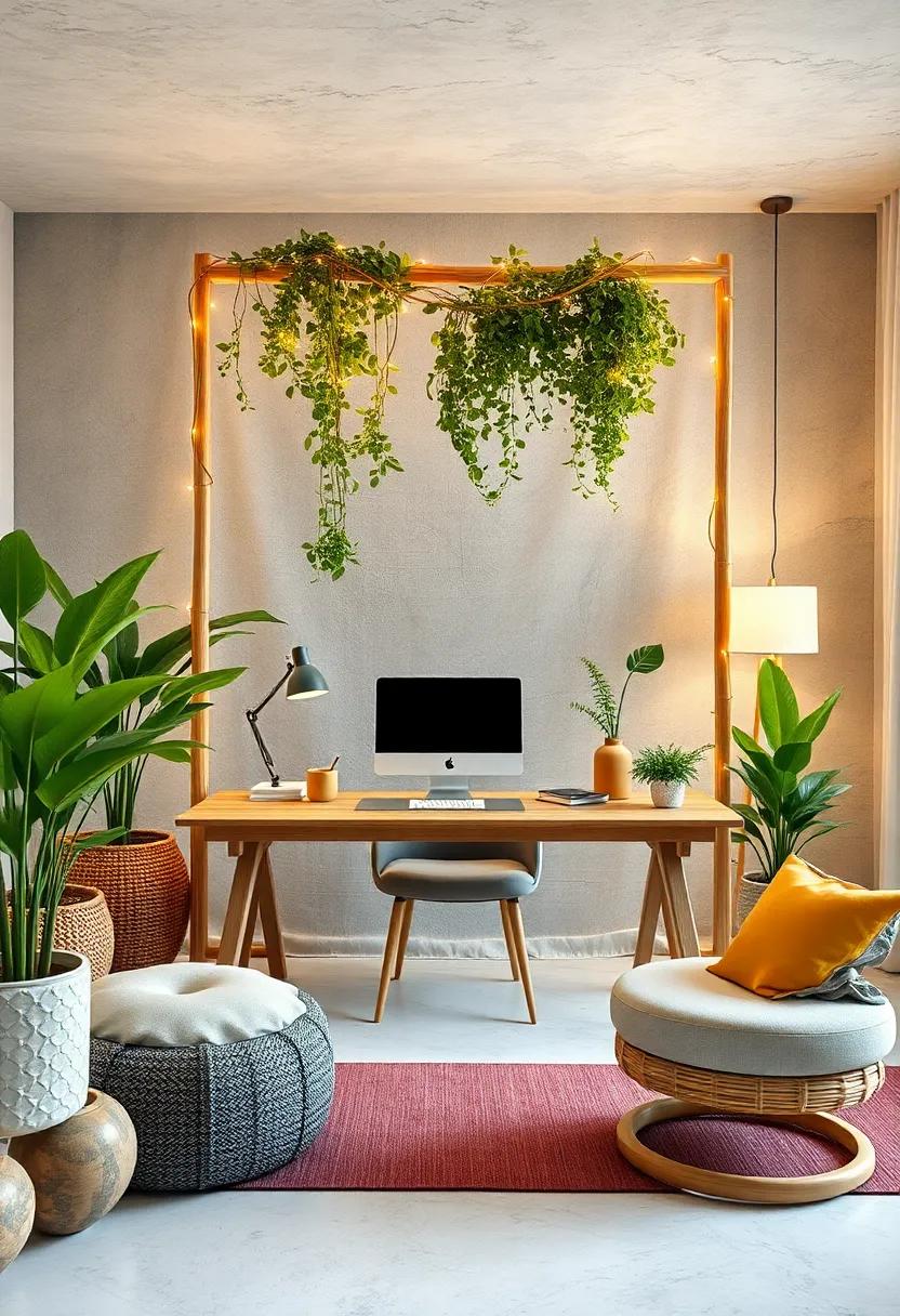 Bamboo Desk Frame with Hanging Greenery and‍ Fairy Lights