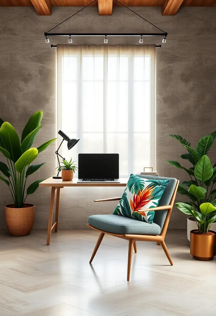 Bold Tropical Print Cushions on a Sleek mid-Century Chair