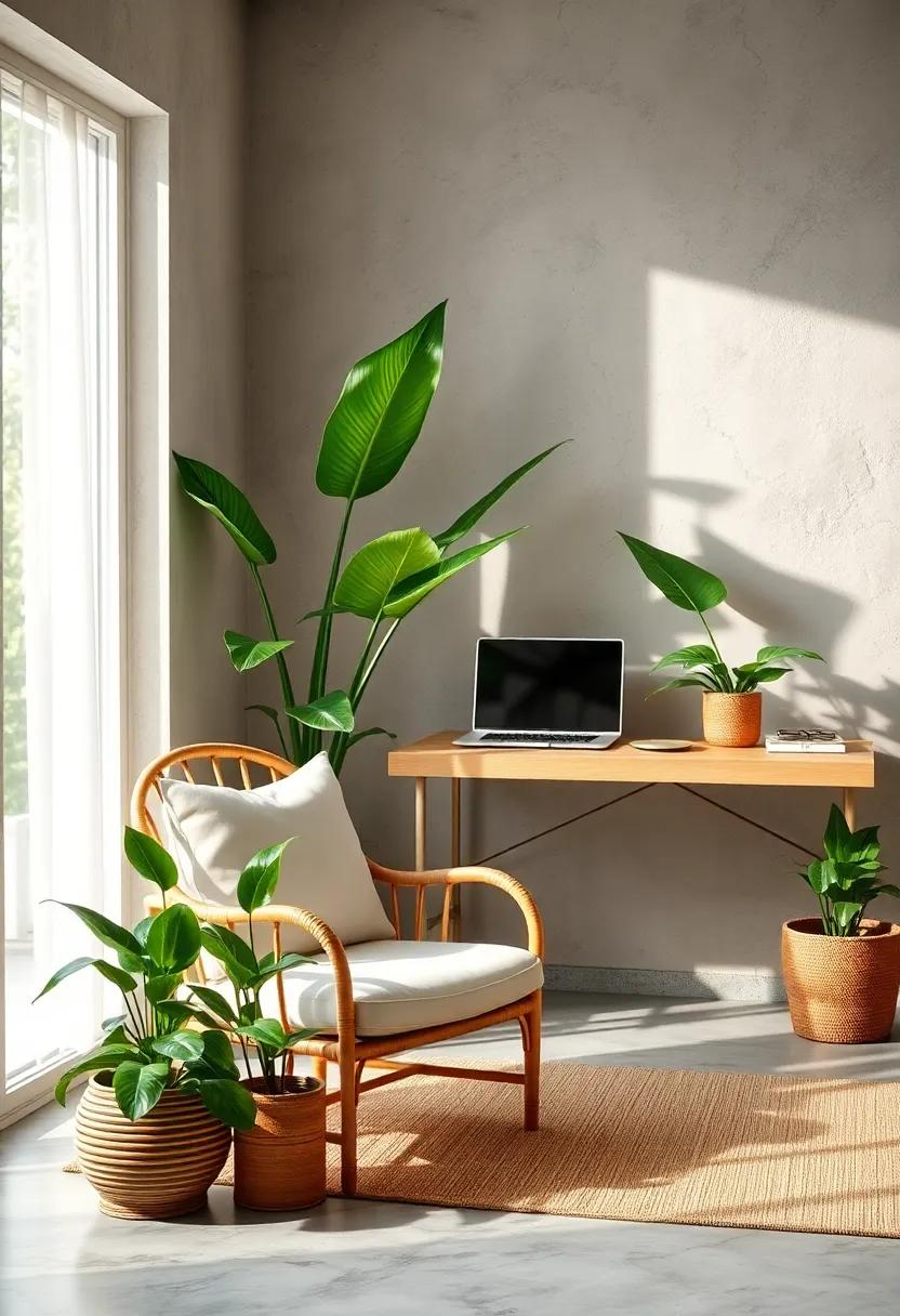 Breezy Rattan Chair Paired with Lush Green Potted Plants