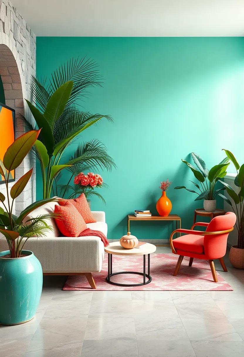 Bright Coral Accents Against a Seafoam Green Wall