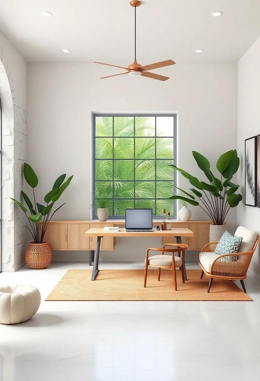 Driftwood and Shell Decor Enhancing a Clean, White workspace