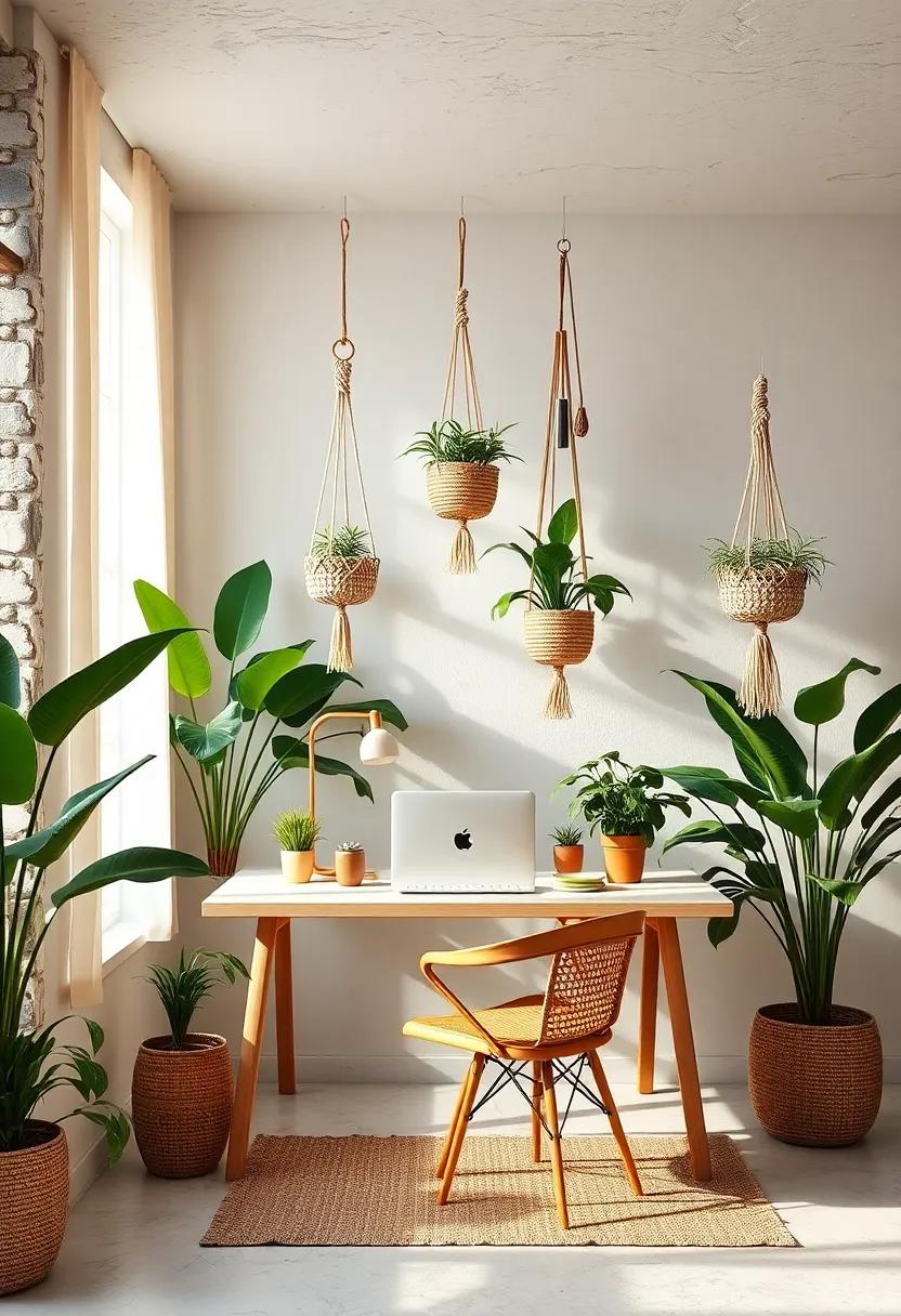 hanging Macramé Planters Over a Light Bamboo ‍Workstation