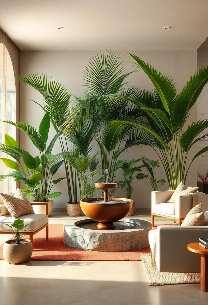 Indoor Water Fountain Adding Serenity ⁢Among Palm⁢ Plants