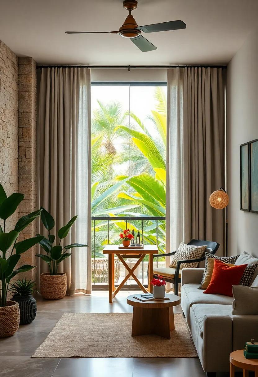 Linen Curtains Framing a Balcony​ Overlooking Tropical​ Foliage