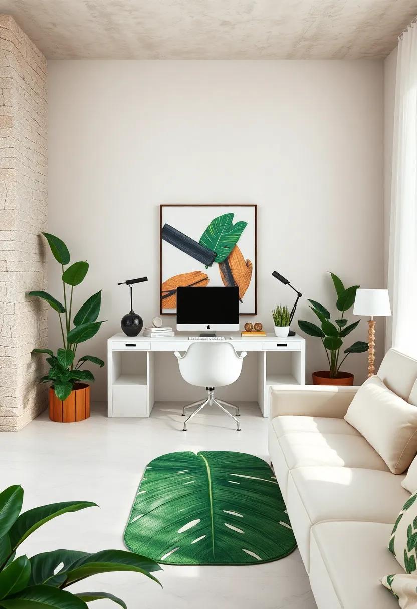 Monstera Leaf Desk Mat with Clean White Furniture
