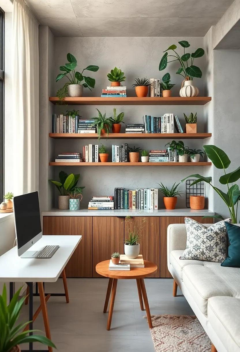 Open Shelving Filled ⁢with Tropical Books and Succulents