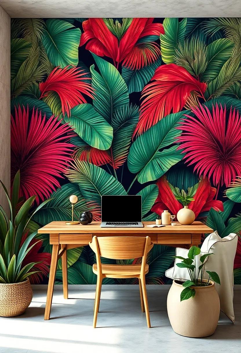 vibrant Palm Leaf Wallpaper Backdrop with Natural ⁤Wood Desk