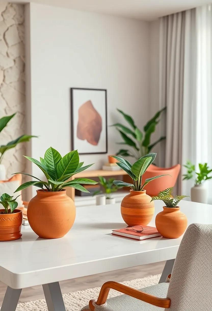 Warm Clay Pottery Planters on a White Marble Desk