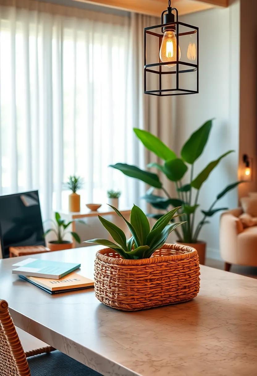 Woven Seagrass Desk Organizer and Warm Lantern Lighting