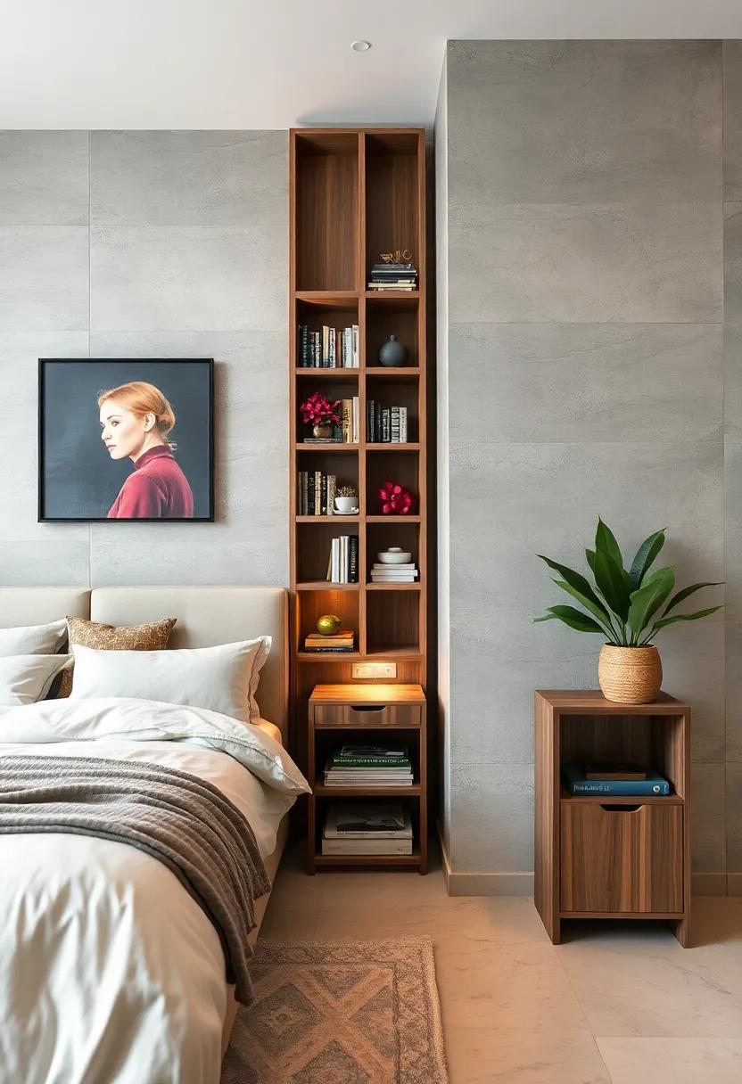 Place a tall, narrow bookshelf⁣ beside the bed to ⁤double as​ a nightstand and vertical storage