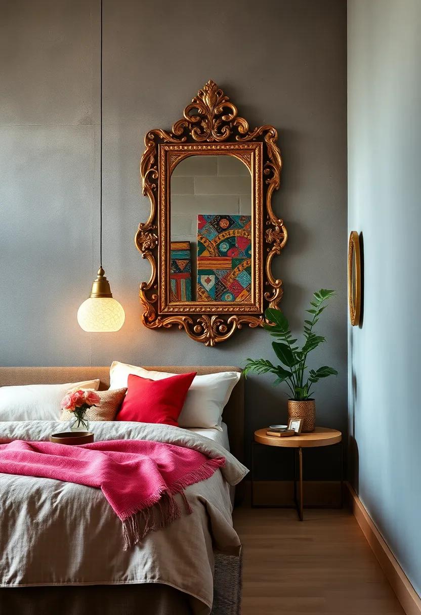Add a statement mirror with a colorful or⁤ ornate frame to expand space ‍and style