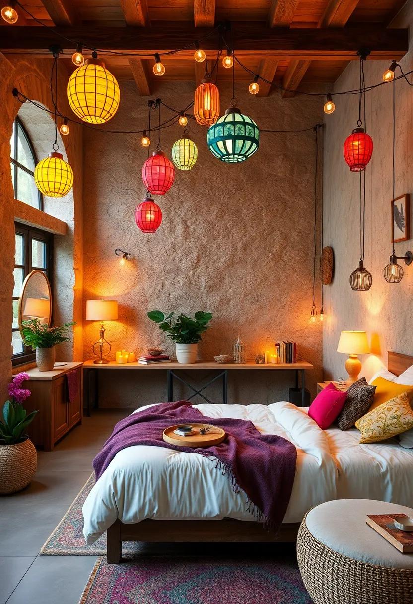 Hang string lights or colorful lanterns to create a warm, inviting glow