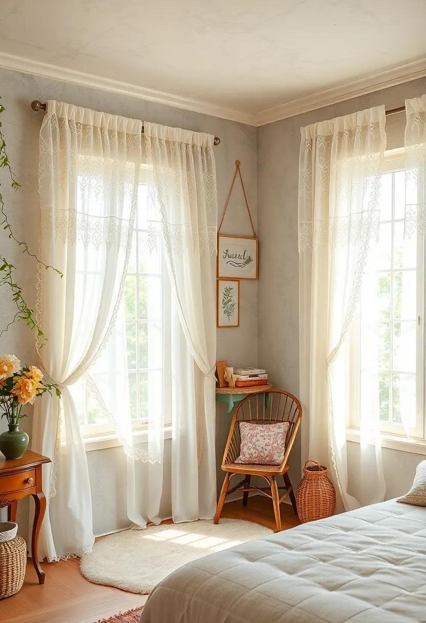 Delicate Lace Curtains Draped Over Sunlit ‍Windows Creating a Dreamy Vintage ⁤Ambiance
