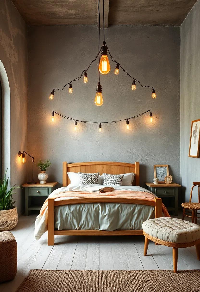 Delicate Edison Bulb String Lights Hung Casually Around a Classic Wooden Bed ​Frame