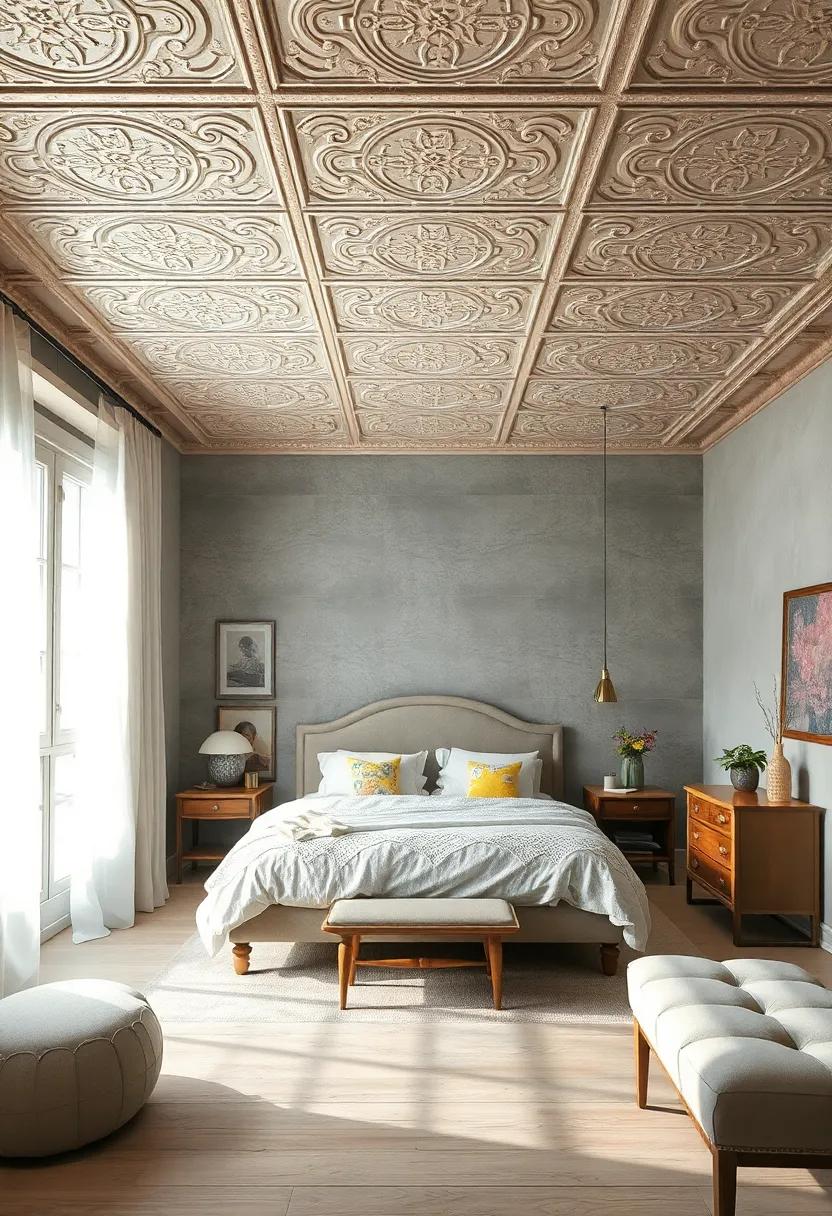 Embossed Tin ‌Ceiling Panels Reflecting Gentle Light in ​a Soft Vintage-Themed Bedroom