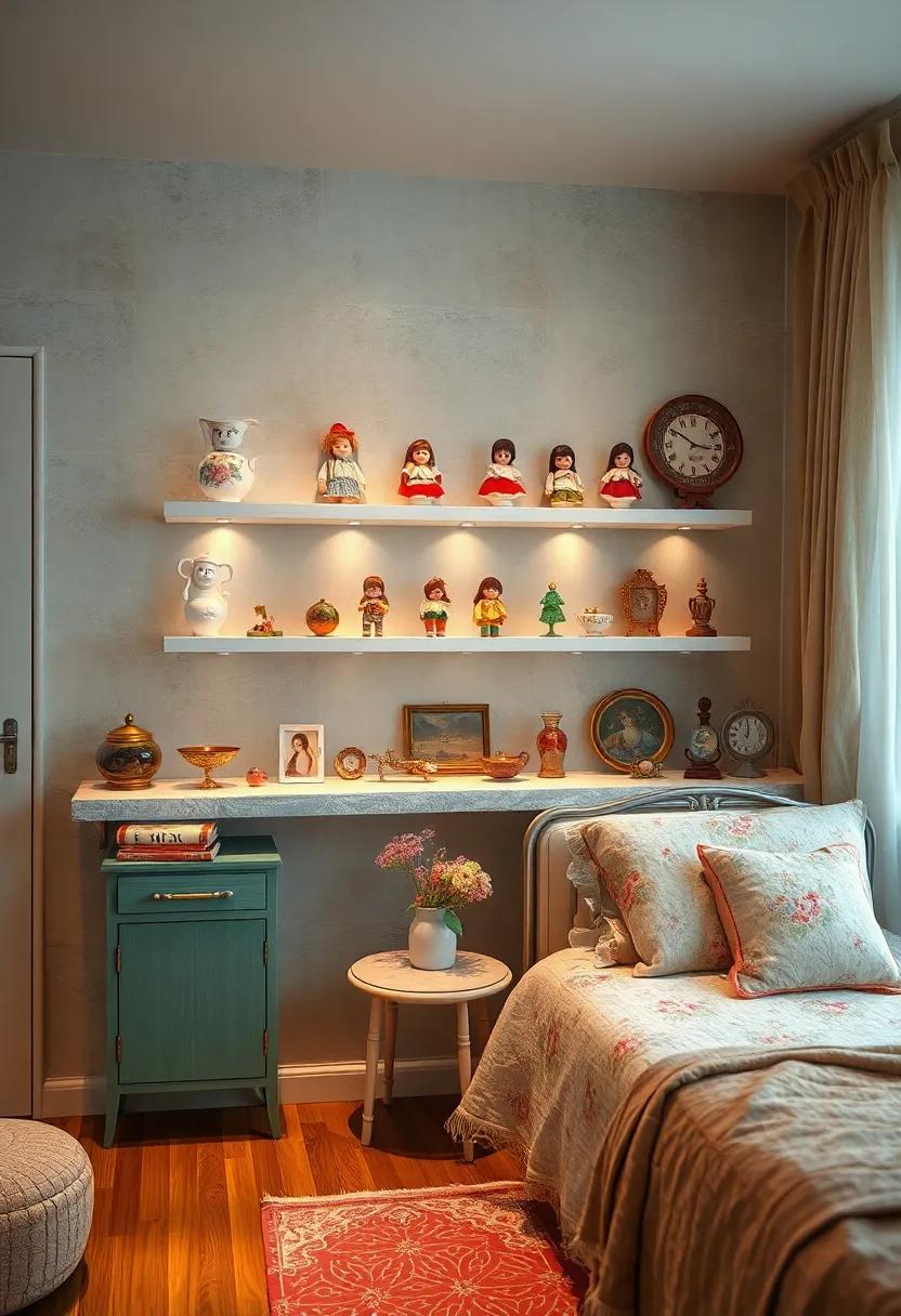 Hand-Painted Porcelain Dolls and vintage Trinkets‌ Displayed on Delicate Wall ledges